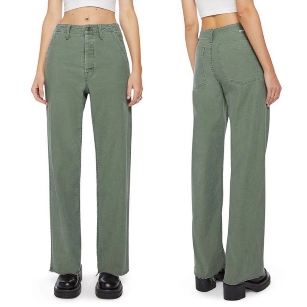 MOTHER The Major Sneak Fray Wash in Roger That Green Trouser Pant Raw Hem SZ: 14